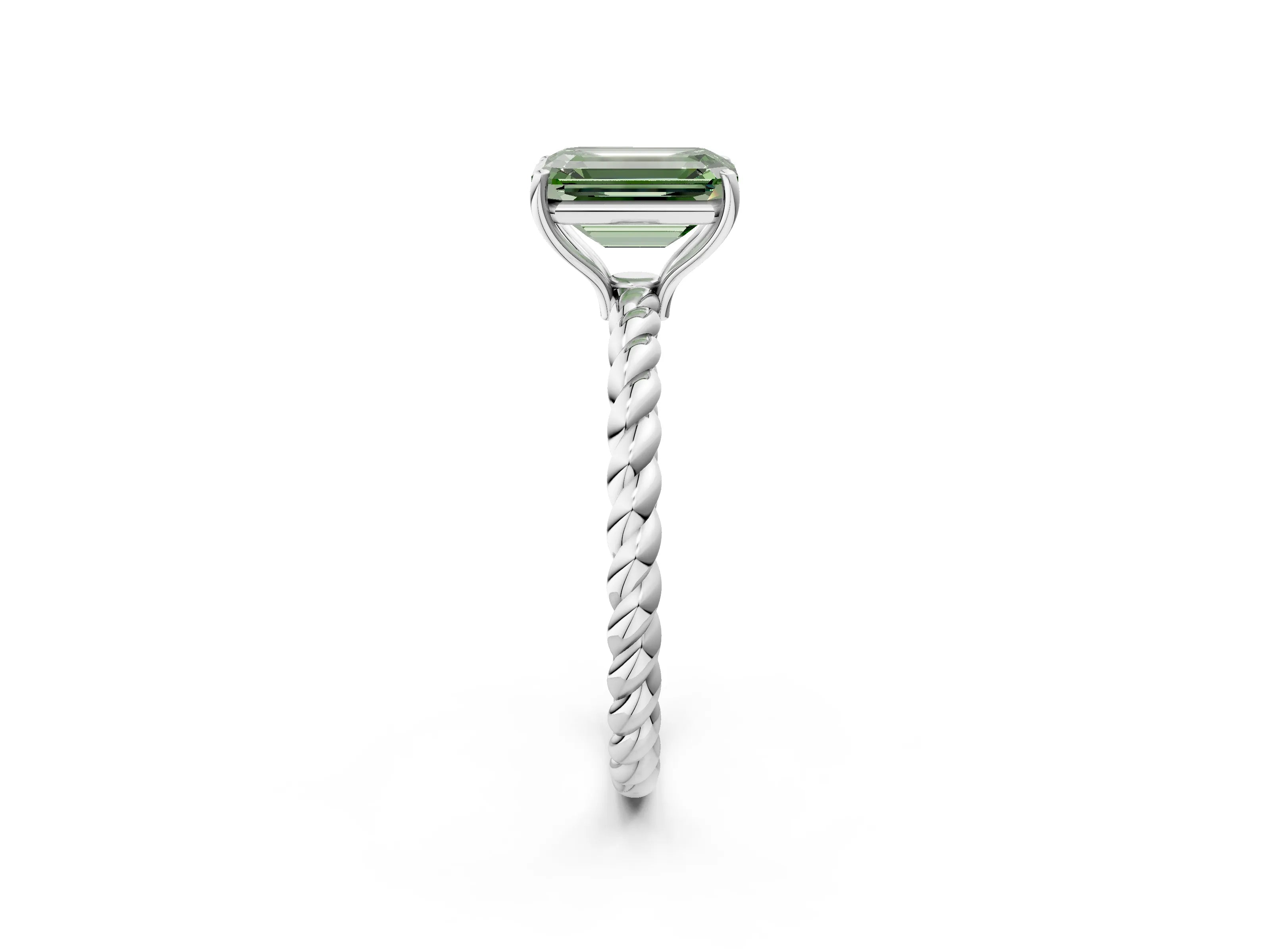 White gold Fancy Green Emerald Cut Solitaire Twisted Band 4-Prong Ring_38