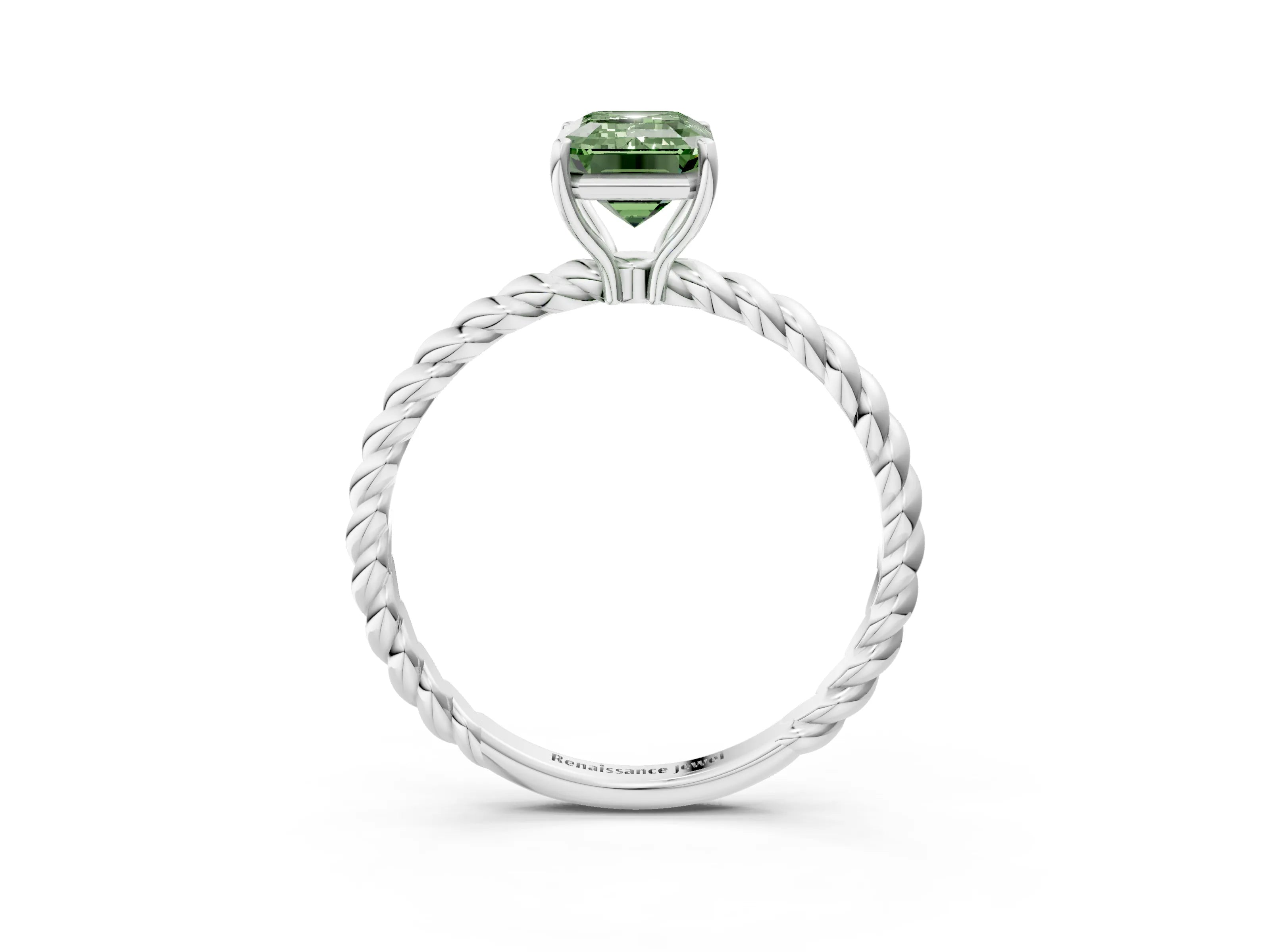 White gold Fancy Green Emerald Cut Solitaire Twisted Band 4-Prong Ring_39