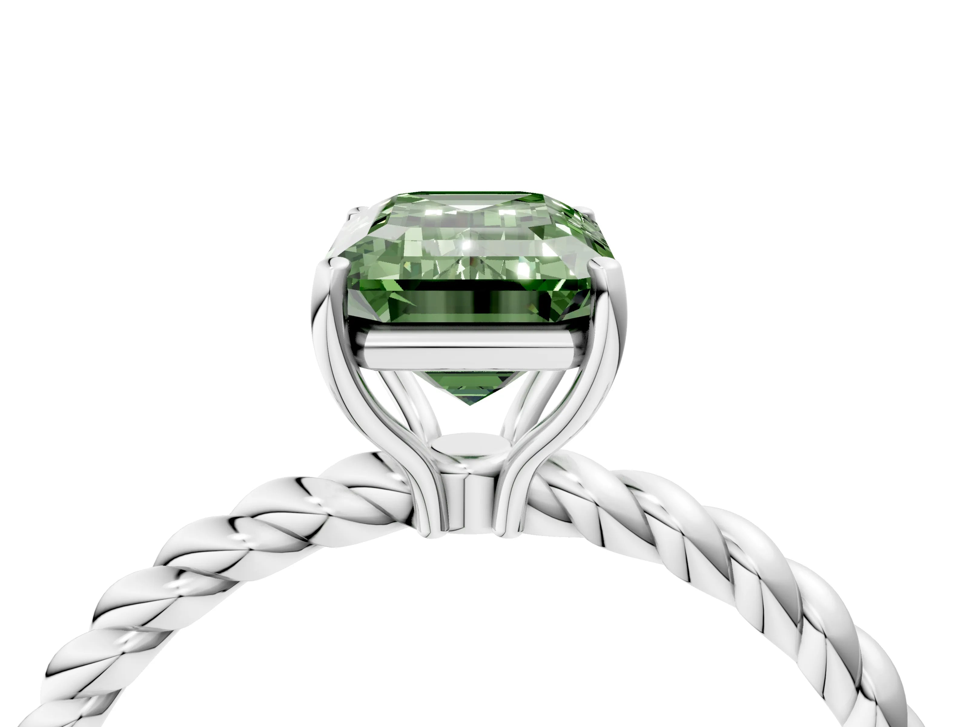 White gold Fancy Green Emerald Cut Solitaire Twisted Band 4-Prong Ring_40
