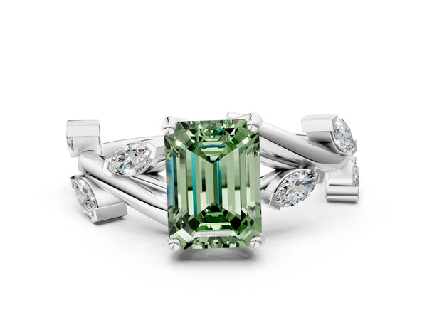 White gold Fancy Green Emerald Cut Solitaire Twisted Band Marquise Accent Prong Setting Ring