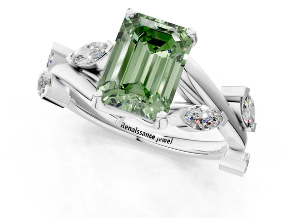 White gold Fancy Green Emerald Cut Solitaire Twisted Band Marquise Accent Prong Setting Ring