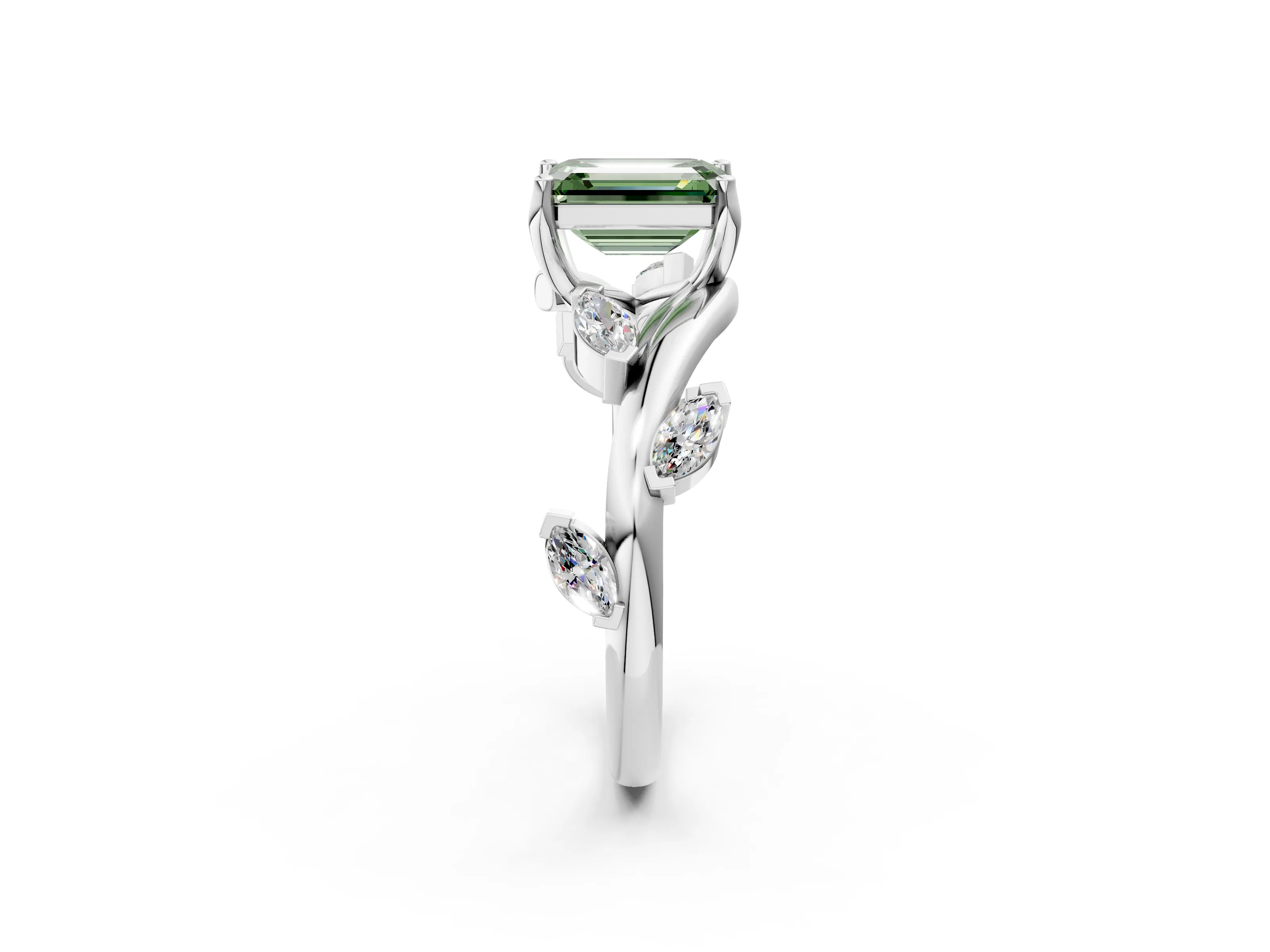 White gold Fancy Green Emerald Cut Solitaire Twisted Band Marquise Accent Prong Setting Ring_2