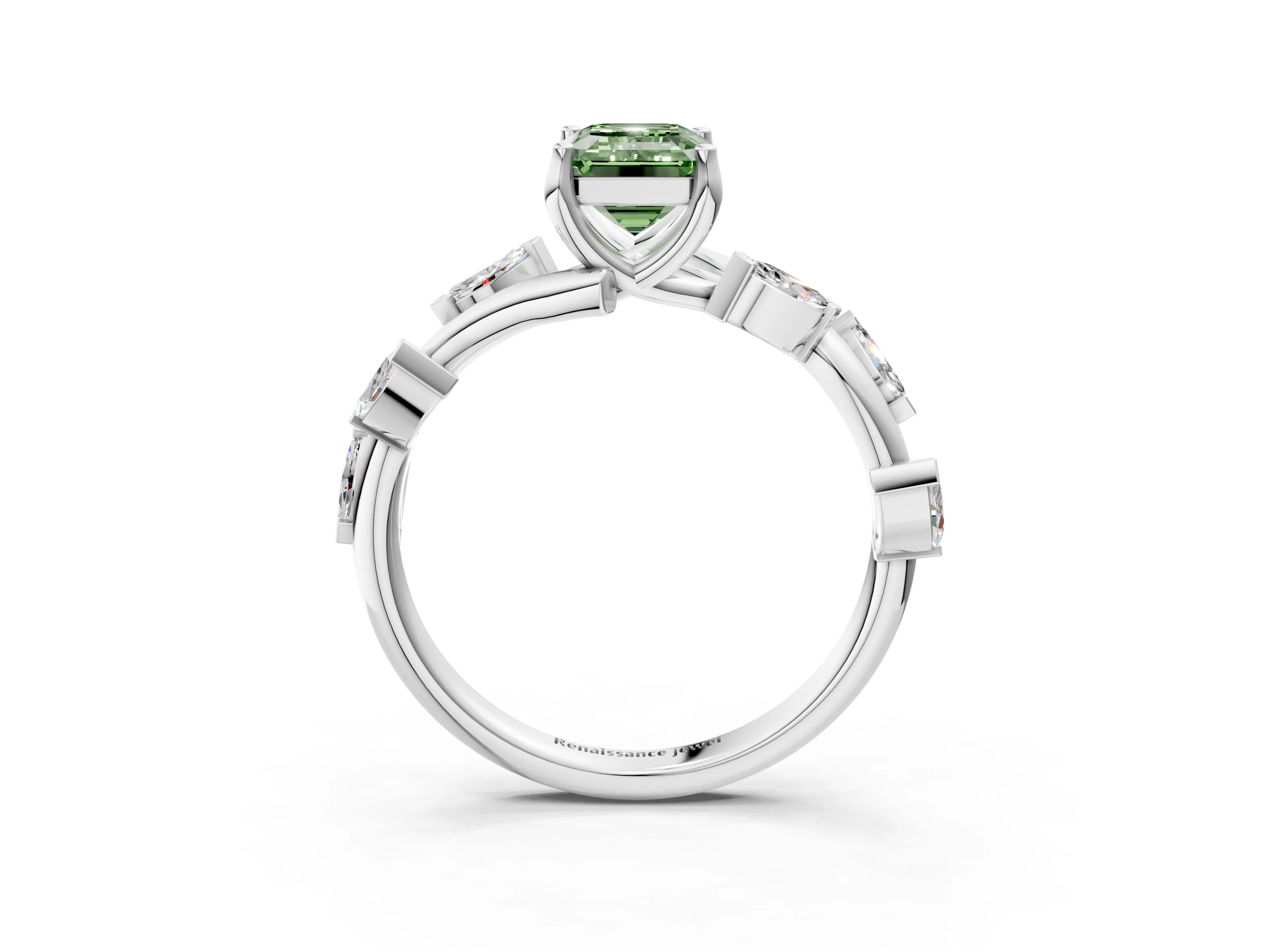 White gold Fancy Green Emerald Cut Solitaire Twisted Band Marquise Accent Prong Setting Ring_3