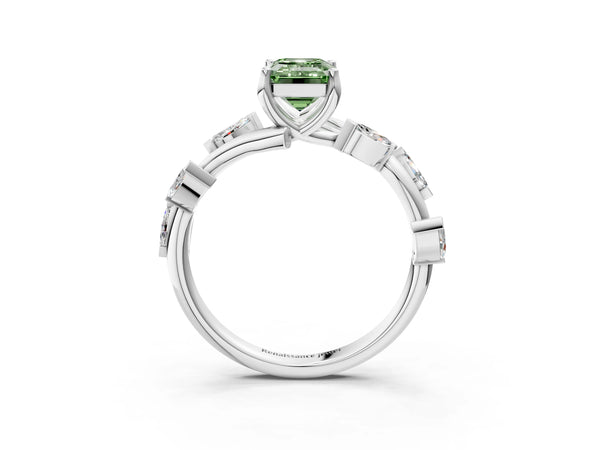 White gold Fancy Green Emerald Cut Solitaire Twisted Band Marquise Accent Prong Setting Ring