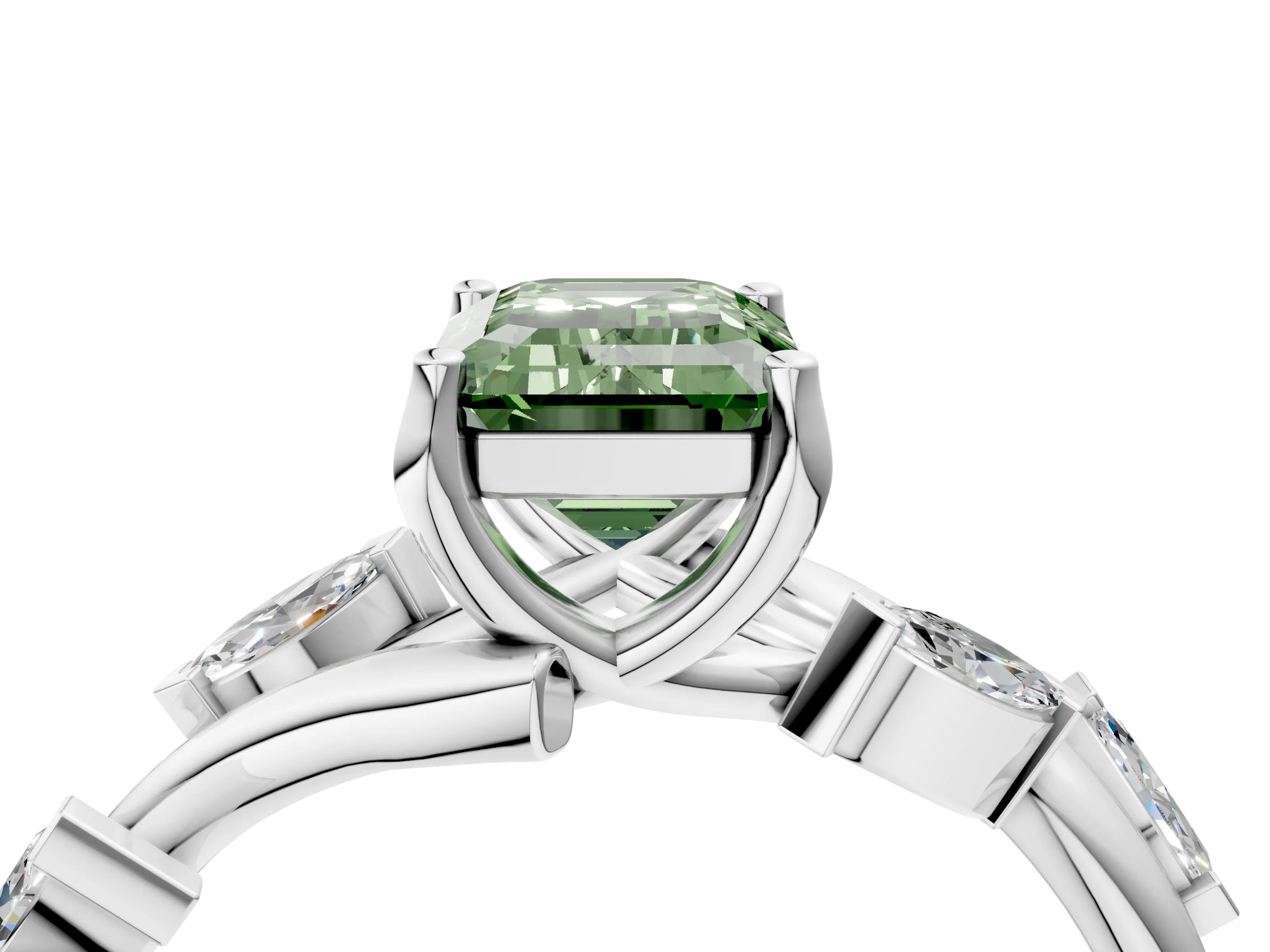 White gold Fancy Green Emerald Cut Solitaire Twisted Band Marquise Accent Prong Setting Ring_4