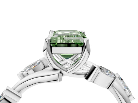 White gold Fancy Green Emerald Cut Solitaire Twisted Band Marquise Accent Prong Setting Ring_4