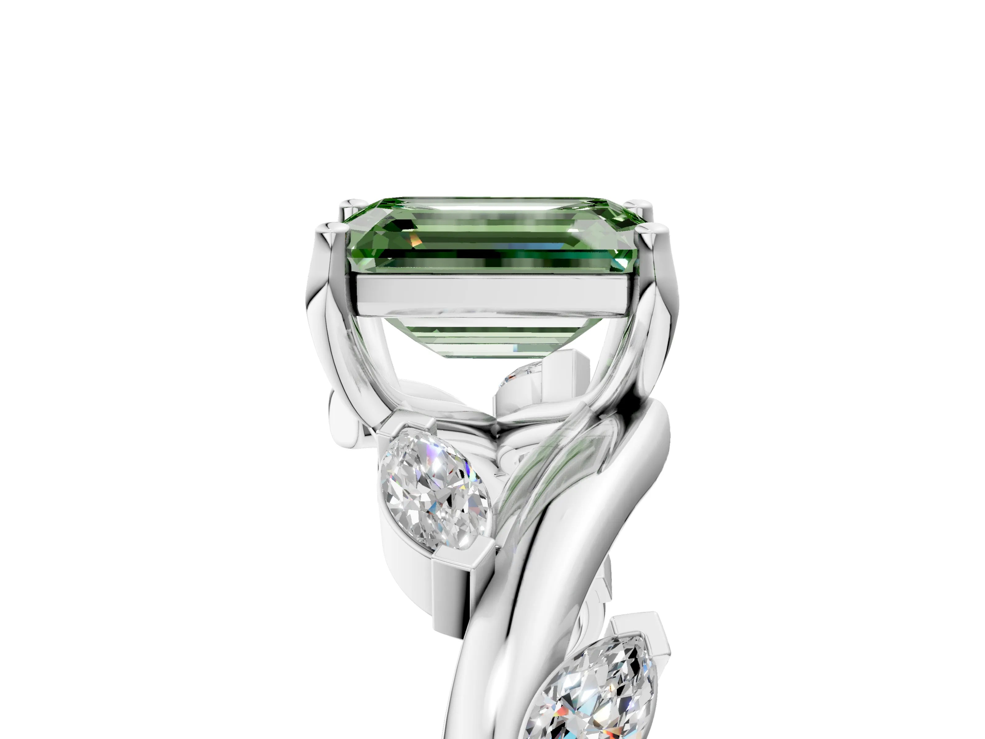 White gold Fancy Green Emerald Cut Solitaire Twisted Band Marquise Accent Prong Setting Ring_5