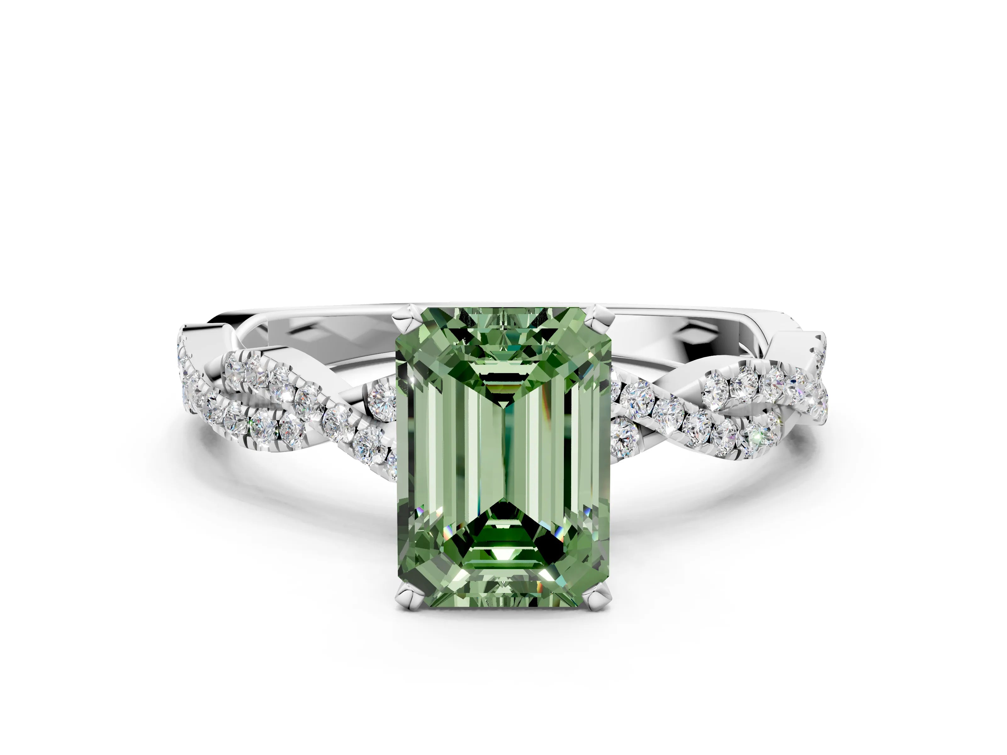 White gold Fancy Green Emerald Cut Solitaire Twisted Pave Band with Four-Prong Setting_15