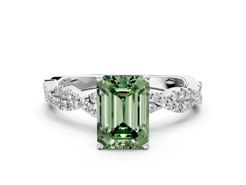 White gold Fancy Green Emerald Cut Solitaire Twisted Pave Band with Four-Prong Setting_15