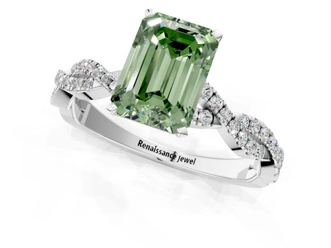White gold Fancy Green Emerald Cut Solitaire Twisted Pave Band with Four-Prong Setting_16