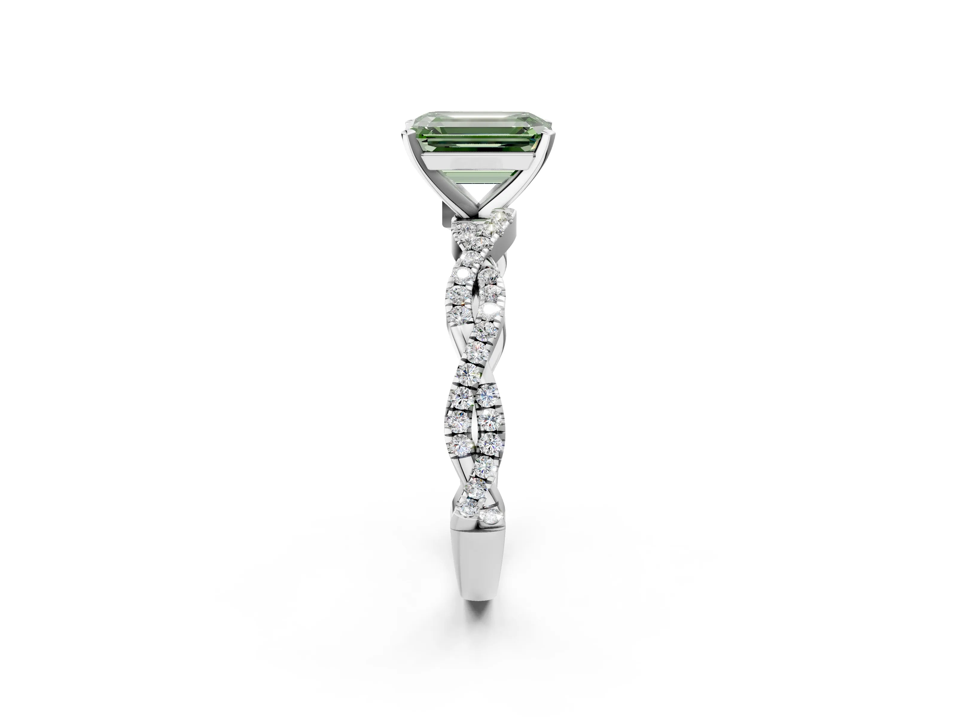 White gold Fancy Green Emerald Cut Solitaire Twisted Pave Band with Four-Prong Setting_17