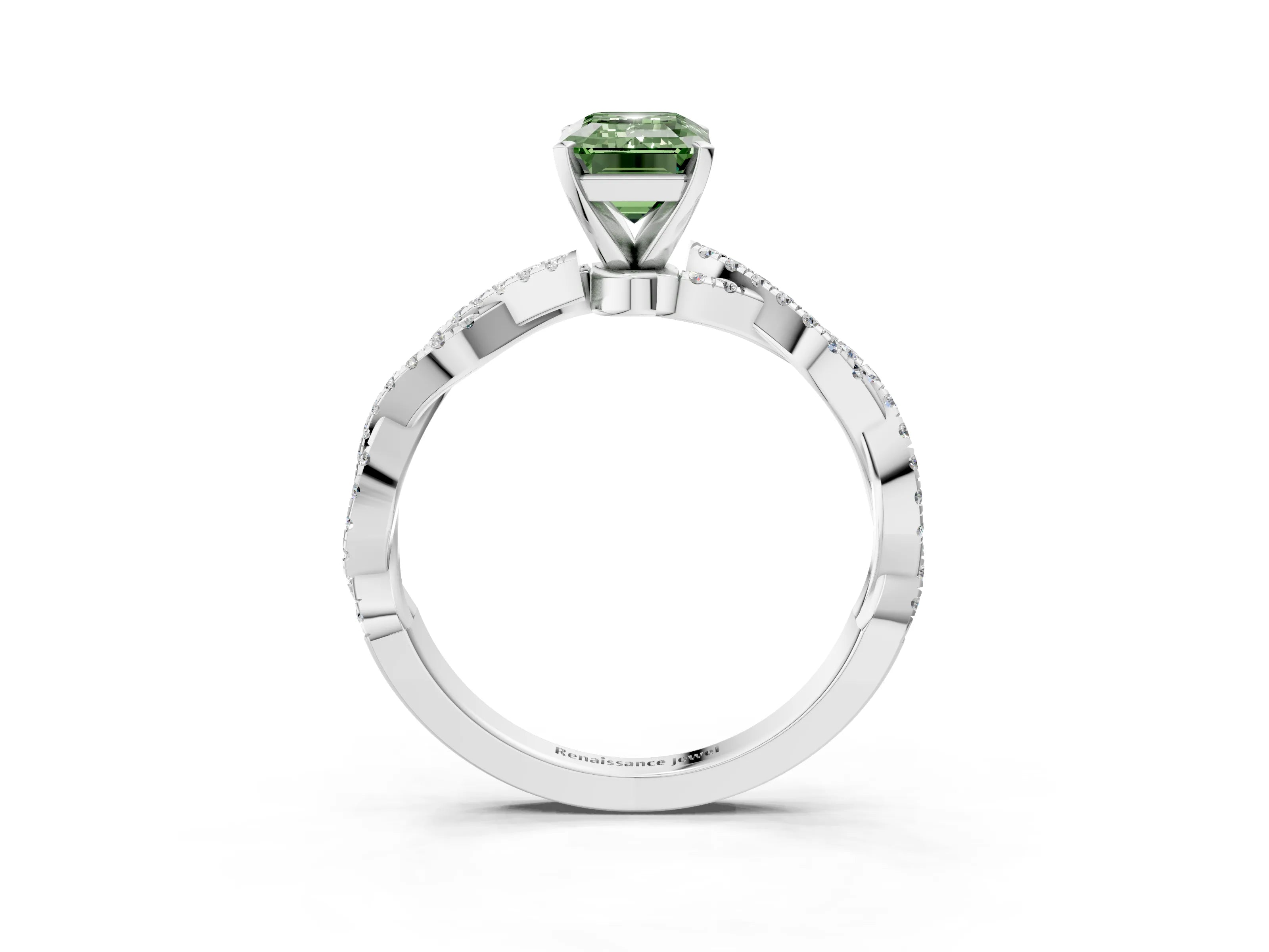 White gold Fancy Green Emerald Cut Solitaire Twisted Pave Band with Four-Prong Setting_18