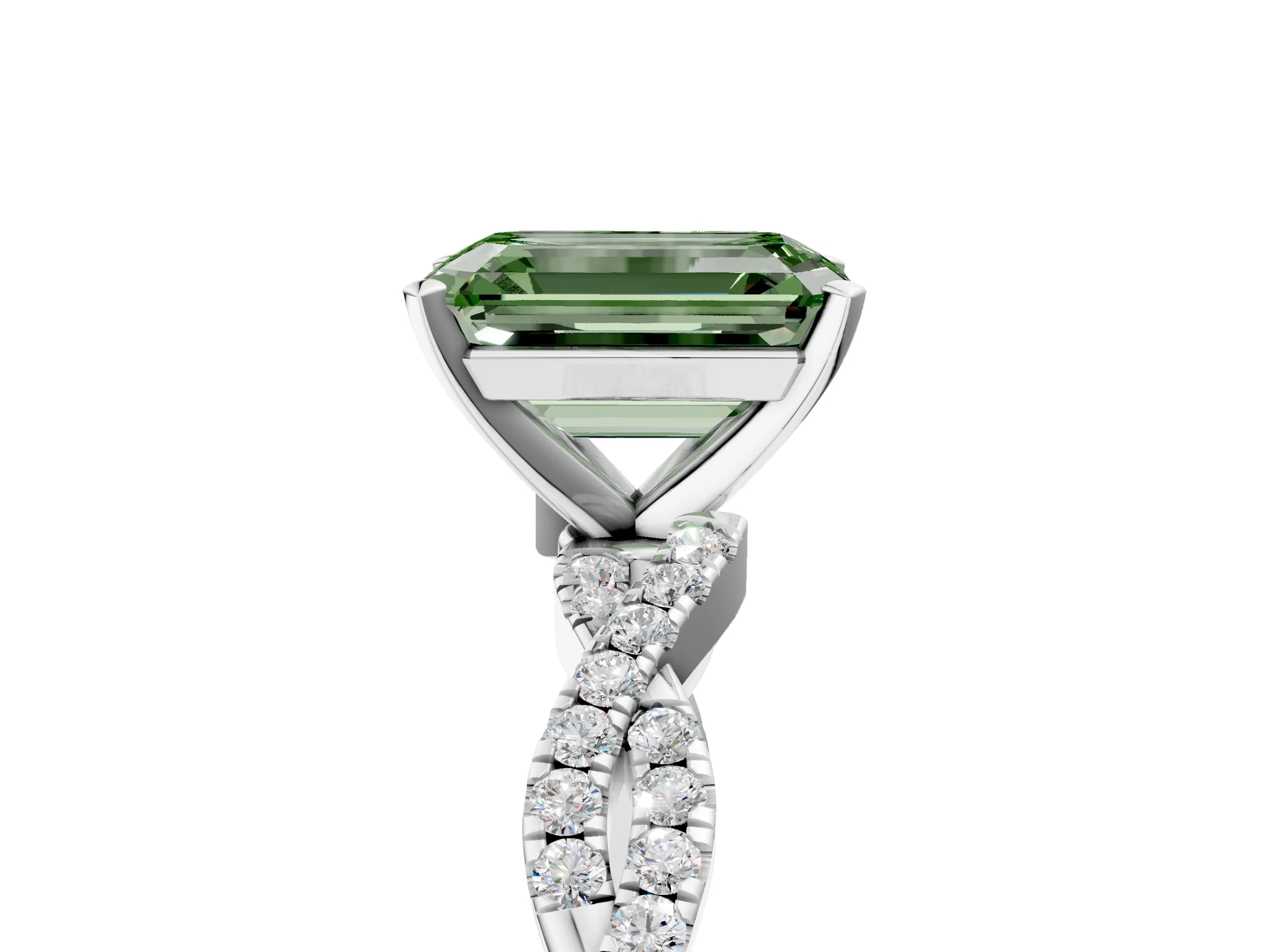 White gold Fancy Green Emerald Cut Solitaire Twisted Pave Band with Four-Prong Setting_20
