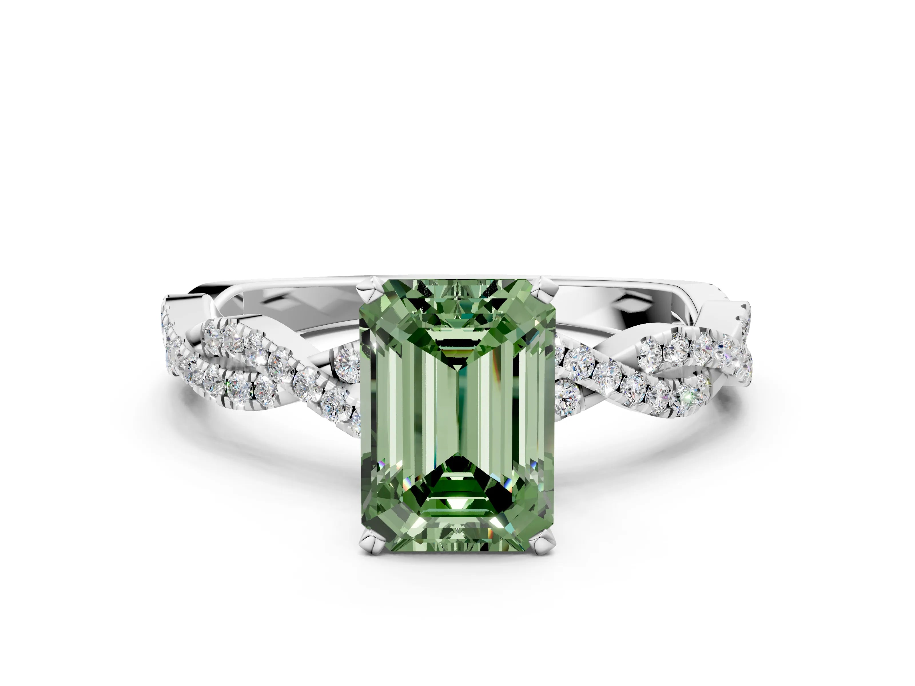 White gold Fancy Green Emerald Cut Solitaire Twisted Pave Band with Four-Prong Setting_3