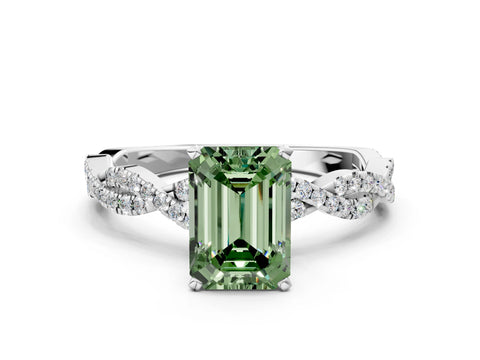 White gold Fancy Green Emerald Cut Solitaire Twisted Pave Band with Four-Prong Setting_3