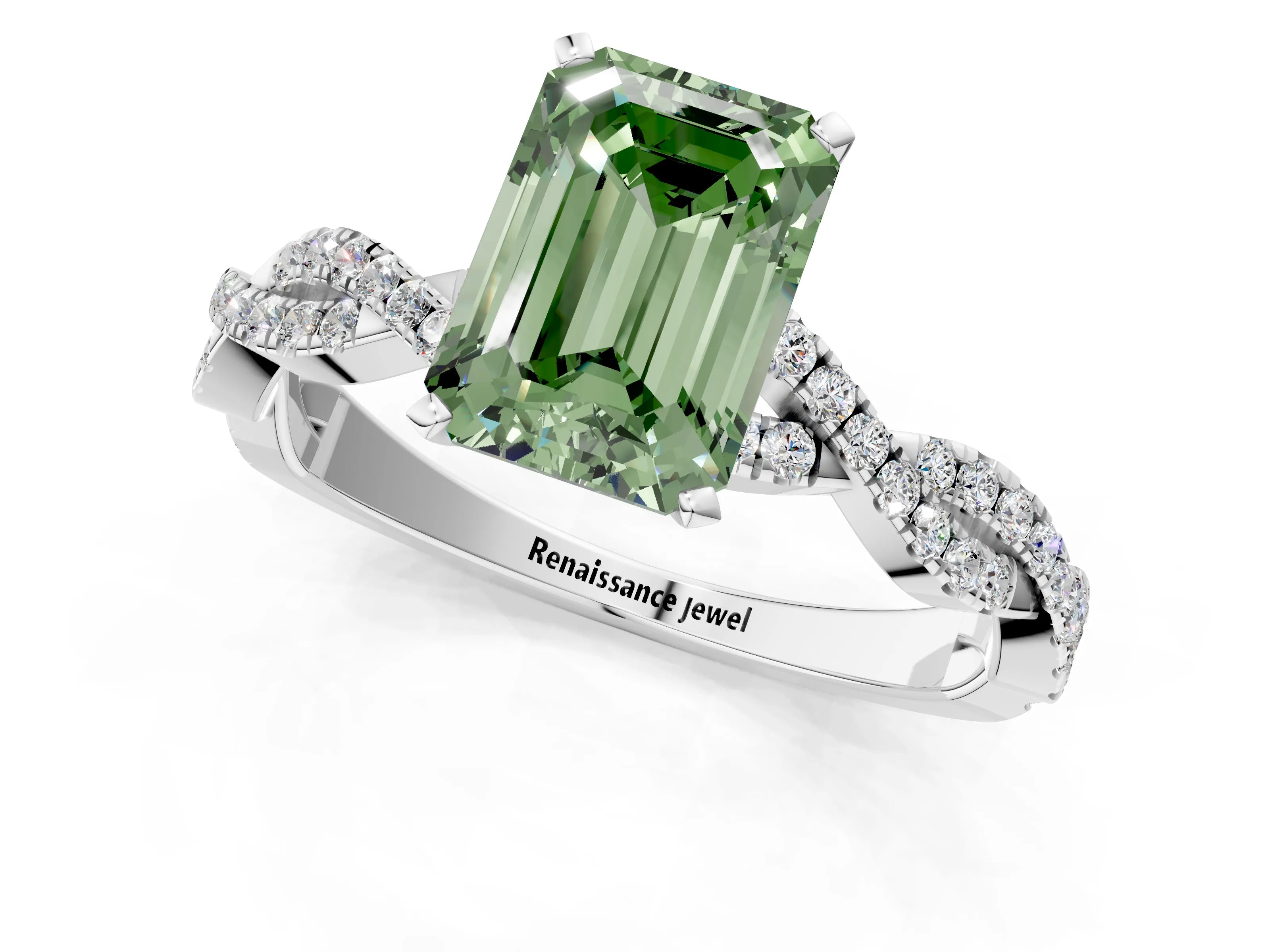 White gold Fancy Green Emerald Cut Solitaire Twisted Pave Band with Four-Prong Setting_4