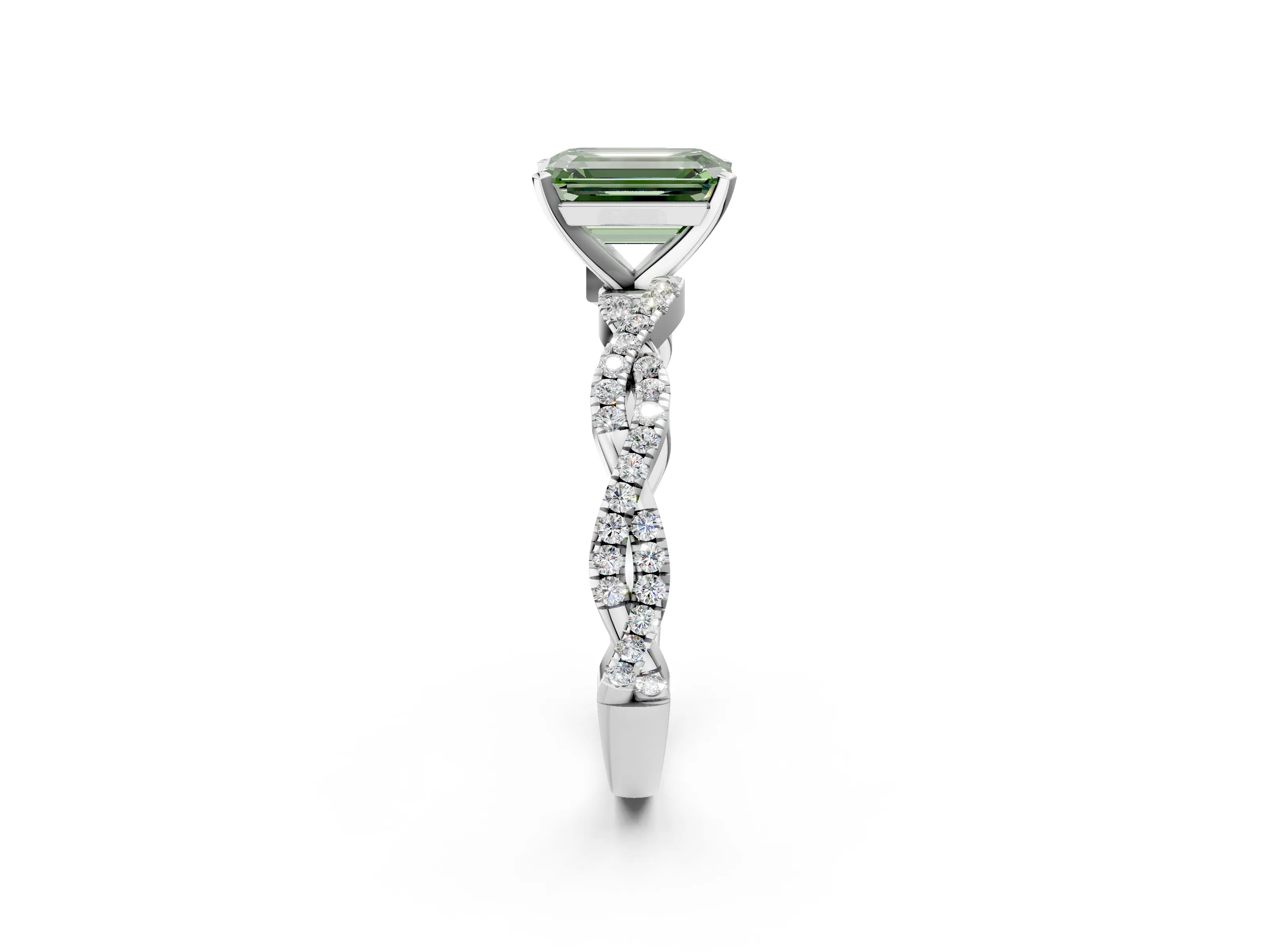 White gold Fancy Green Emerald Cut Solitaire Twisted Pave Band with Four-Prong Setting_5
