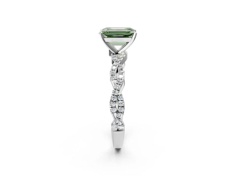 White gold Fancy Green Emerald Cut Solitaire Twisted Pave Band with Four-Prong Setting_5