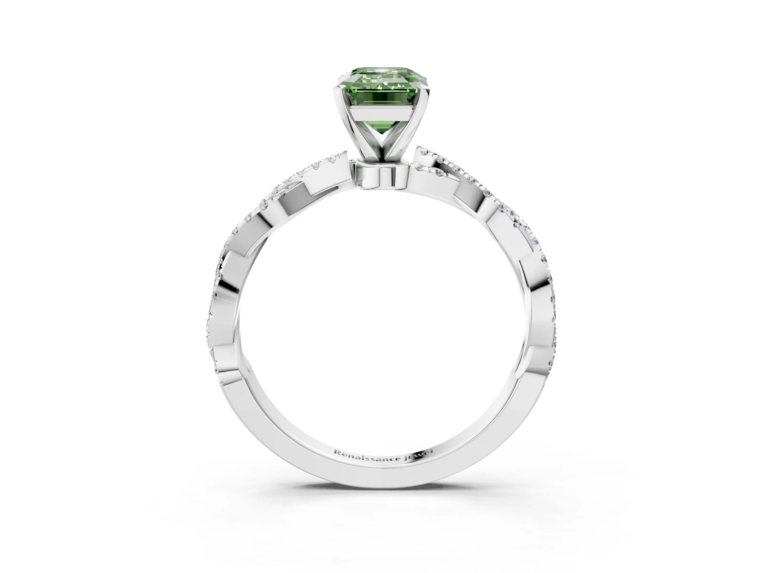 White gold Fancy Green Emerald Cut Solitaire Twisted Pave Band with Four-Prong Setting_6