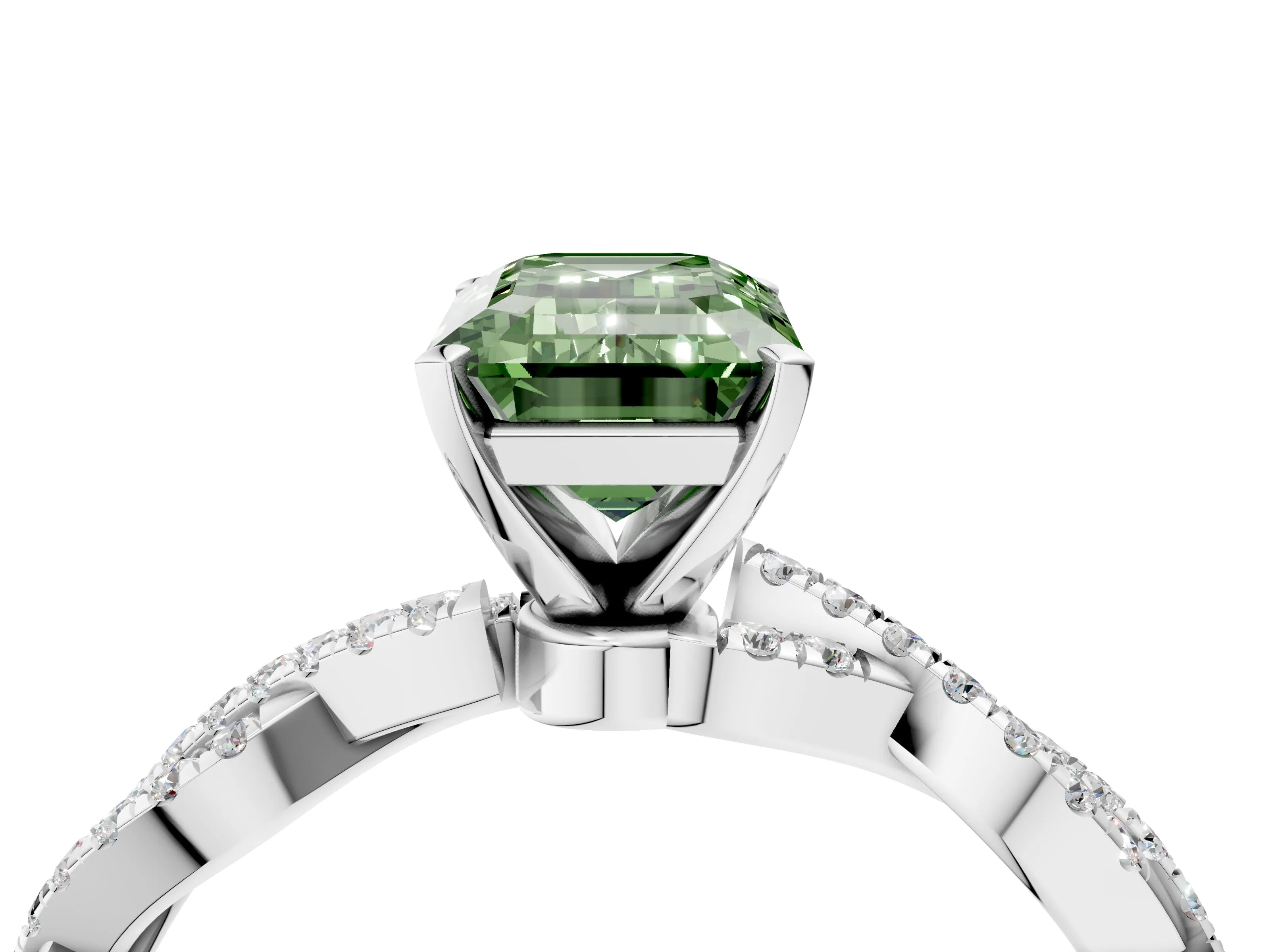White gold Fancy Green Emerald Cut Solitaire Twisted Pave Band with Four-Prong Setting_7
