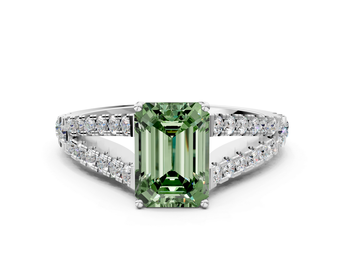 White gold Fancy Green Emerald  Cut Split Shank Pave Diamond Engagement Ring with Four-Prong Setting_24