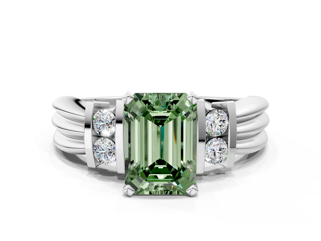 White gold Fancy Green Emerald  Cut Three-Stone Channel Set Ring with Bar Prongs_75
