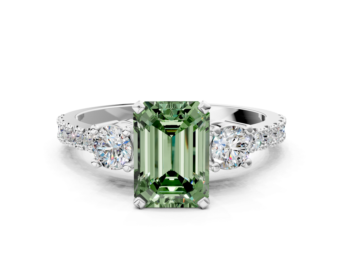 White gold Fancy Green Emerald  Cut Three-Stone Diamond Pavé Band with Prong Setting_16