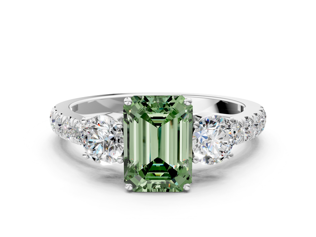 White gold Fancy Green Emerald  Cut Three-Stone Diamond Pave Band with Prong Setting_37