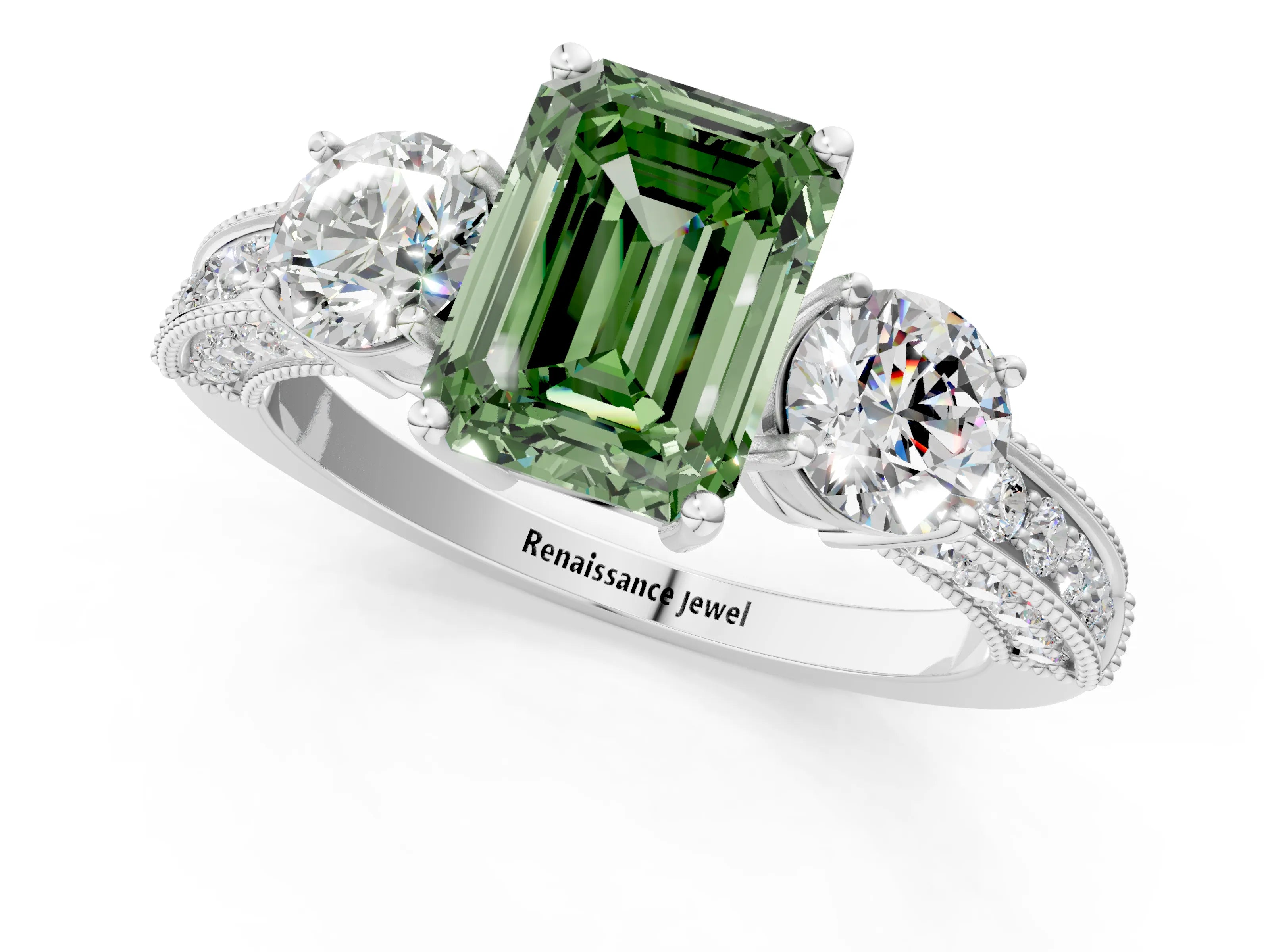 White gold Fancy Green Emerald Cut Three-Stone Diamond Ring with Pavé Band and Four-Prong Setting_1
