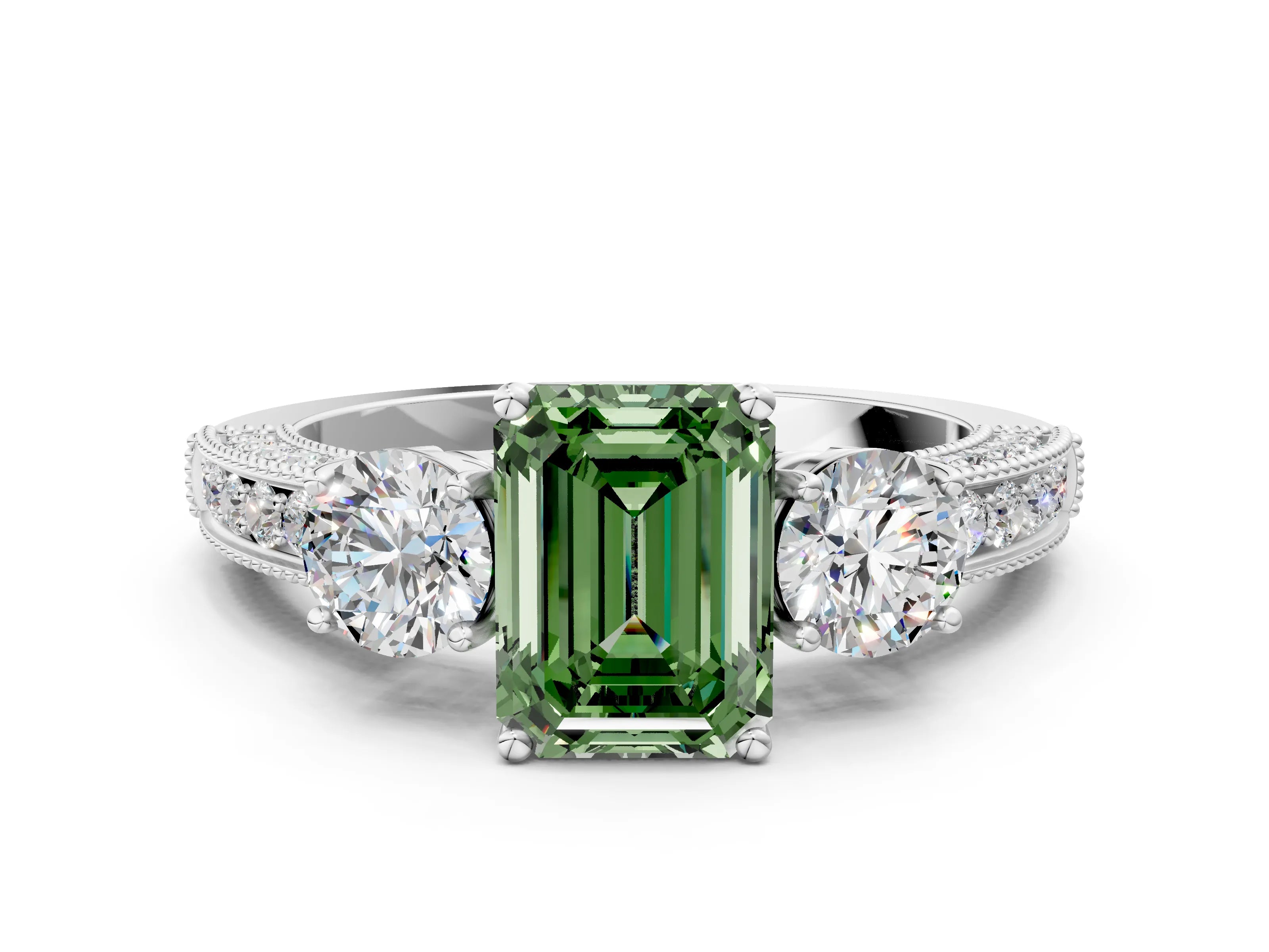 White gold Fancy Green Emerald Cut Three-Stone Diamond Ring with Pavé Band and Four-Prong Setting_12