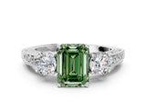 White gold Fancy Green Emerald Cut Three-Stone Diamond Ring with Pavé Band and Four-Prong Setting_12