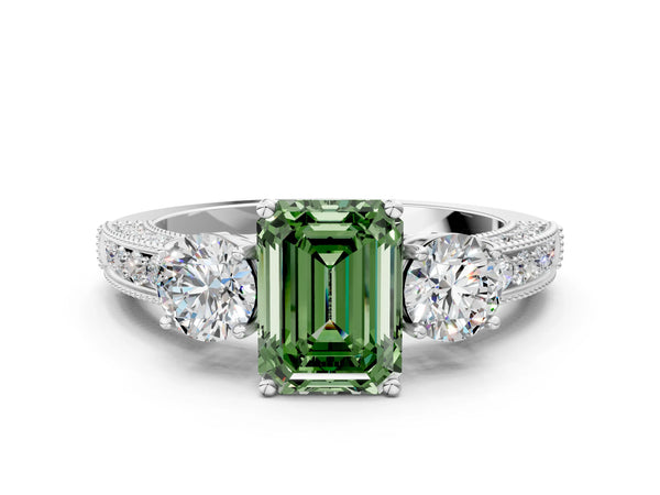 White gold Fancy Green Emerald Cut Three-Stone Diamond Ring with Pavé Band and Four-Prong Setting