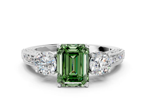 White gold Fancy Green Emerald Cut Three-Stone Diamond Ring with Pavé Band and Four-Prong Setting_12