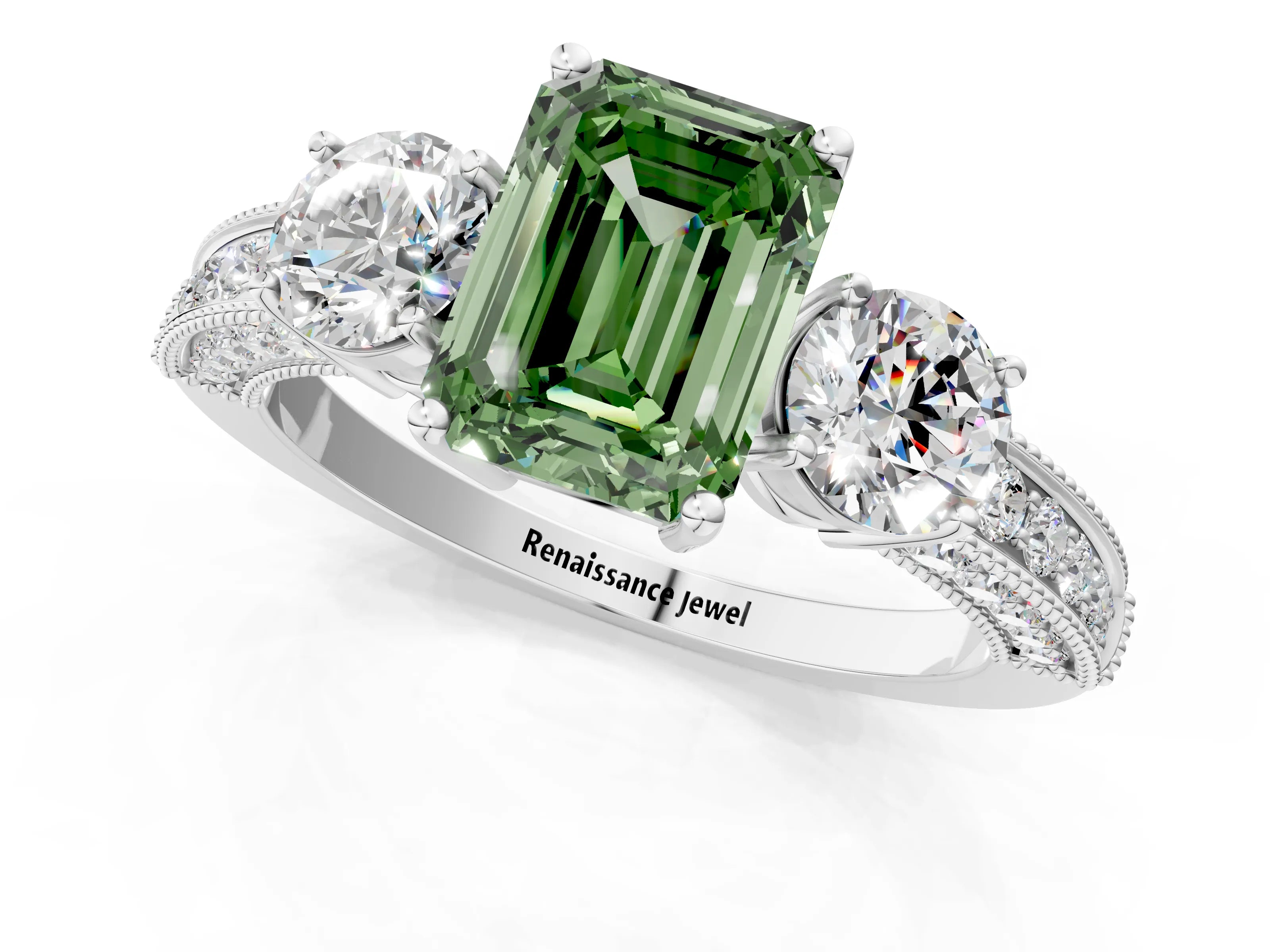White gold Fancy Green Emerald Cut Three-Stone Diamond Ring with Pavé Band and Four-Prong Setting_13