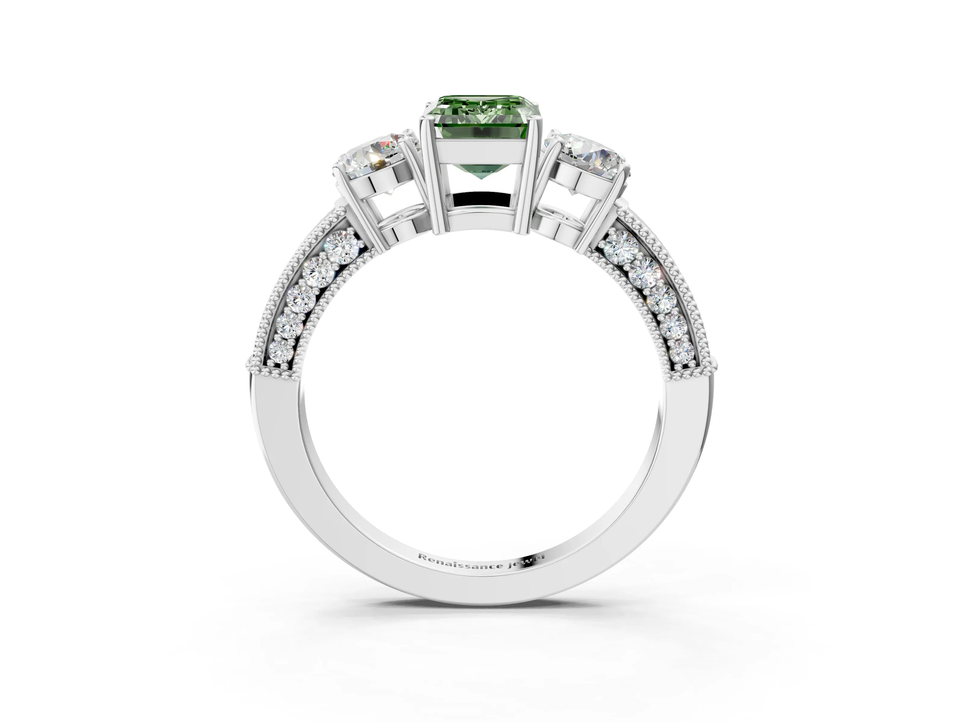 White gold Fancy Green Emerald Cut Three-Stone Diamond Ring with Pavé Band and Four-Prong Setting_15