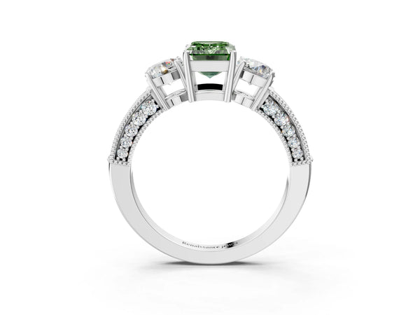 White gold Fancy Green Emerald Cut Three-Stone Diamond Ring with Pavé Band and Four-Prong Setting