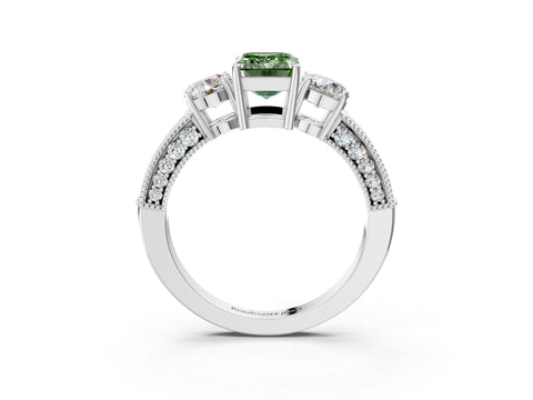 White gold Fancy Green Emerald Cut Three-Stone Diamond Ring with Pavé Band and Four-Prong Setting_15