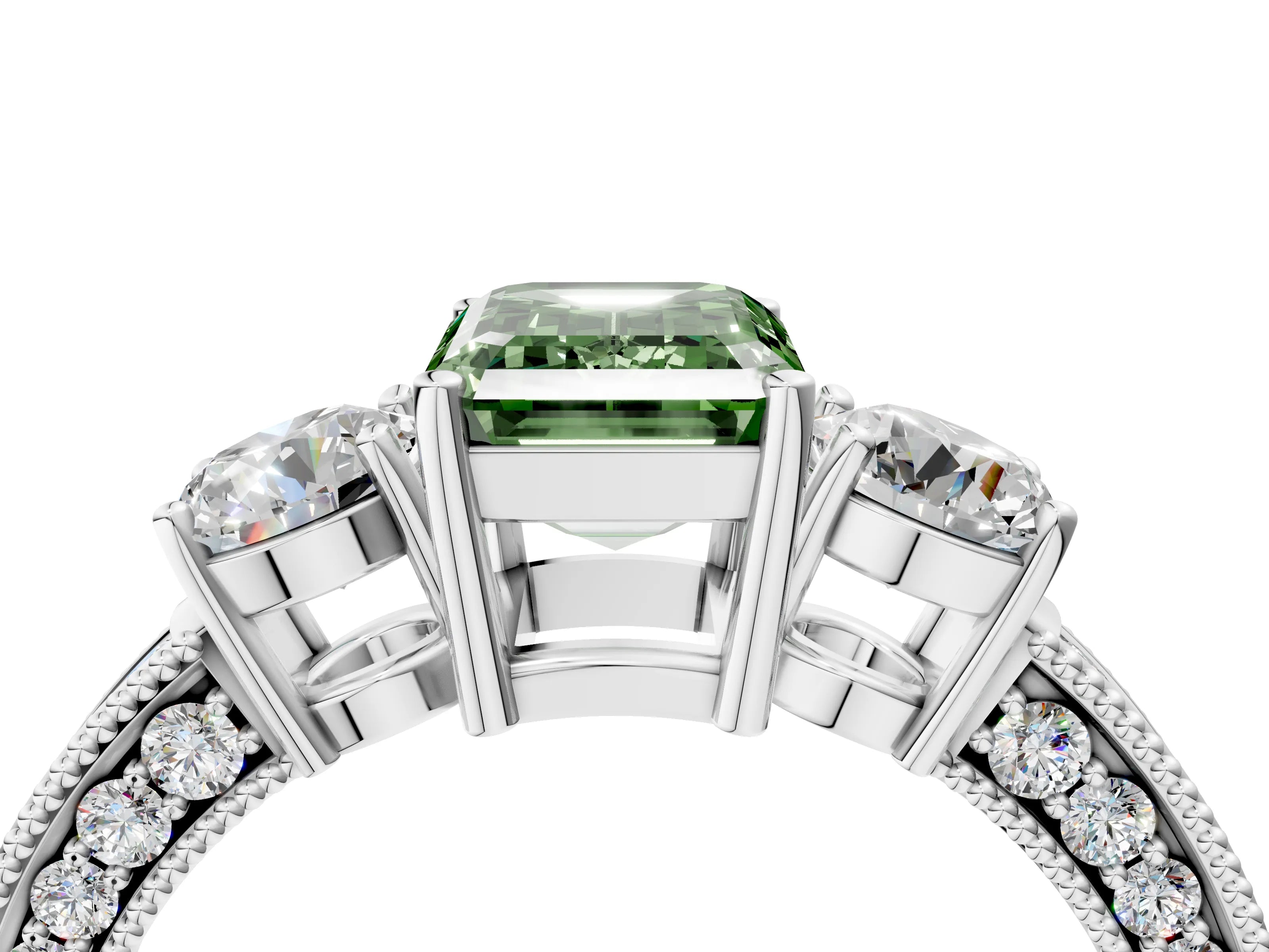 White gold Fancy Green Emerald Cut Three-Stone Diamond Ring with Pavé Band and Four-Prong Setting_16
