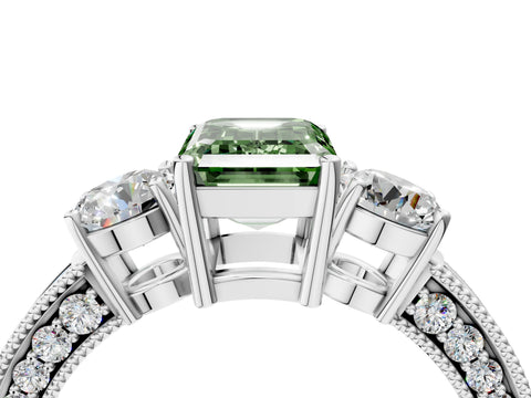 White gold Fancy Green Emerald Cut Three-Stone Diamond Ring with Pavé Band and Four-Prong Setting_16