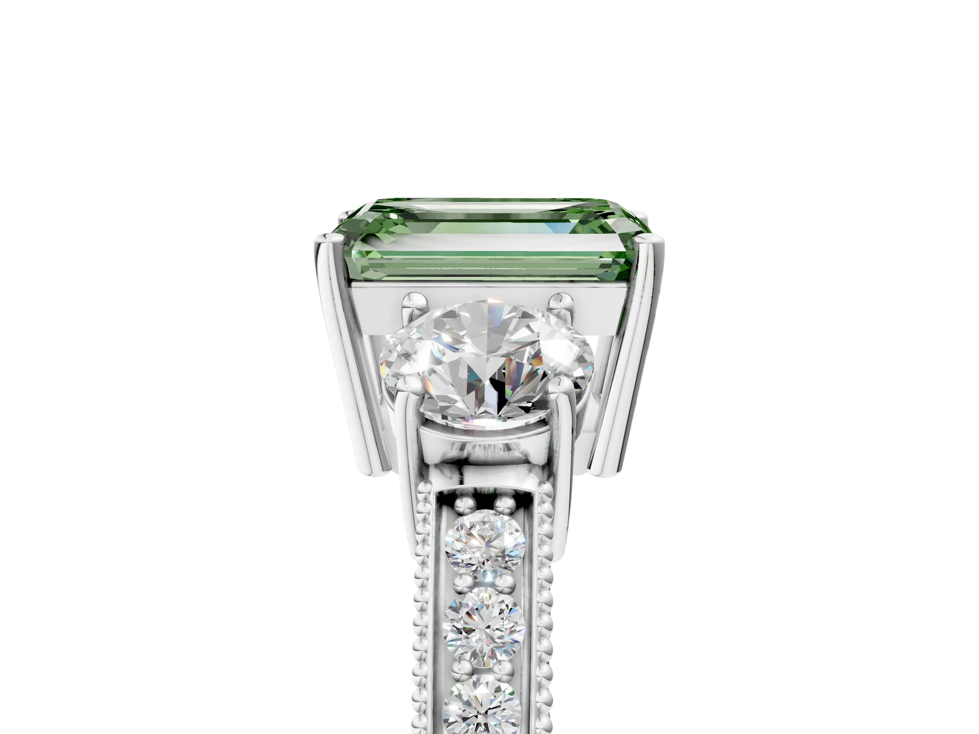 White gold Fancy Green Emerald Cut Three-Stone Diamond Ring with Pavé Band and Four-Prong Setting_17