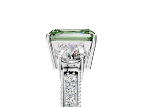 White gold Fancy Green Emerald Cut Three-Stone Diamond Ring with Pavé Band and Four-Prong Setting_17