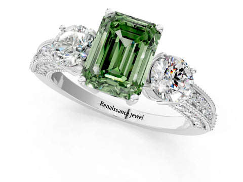 White gold Fancy Green Emerald Cut Three-Stone Diamond Ring with Pavé Band and Four-Prong Setting_1