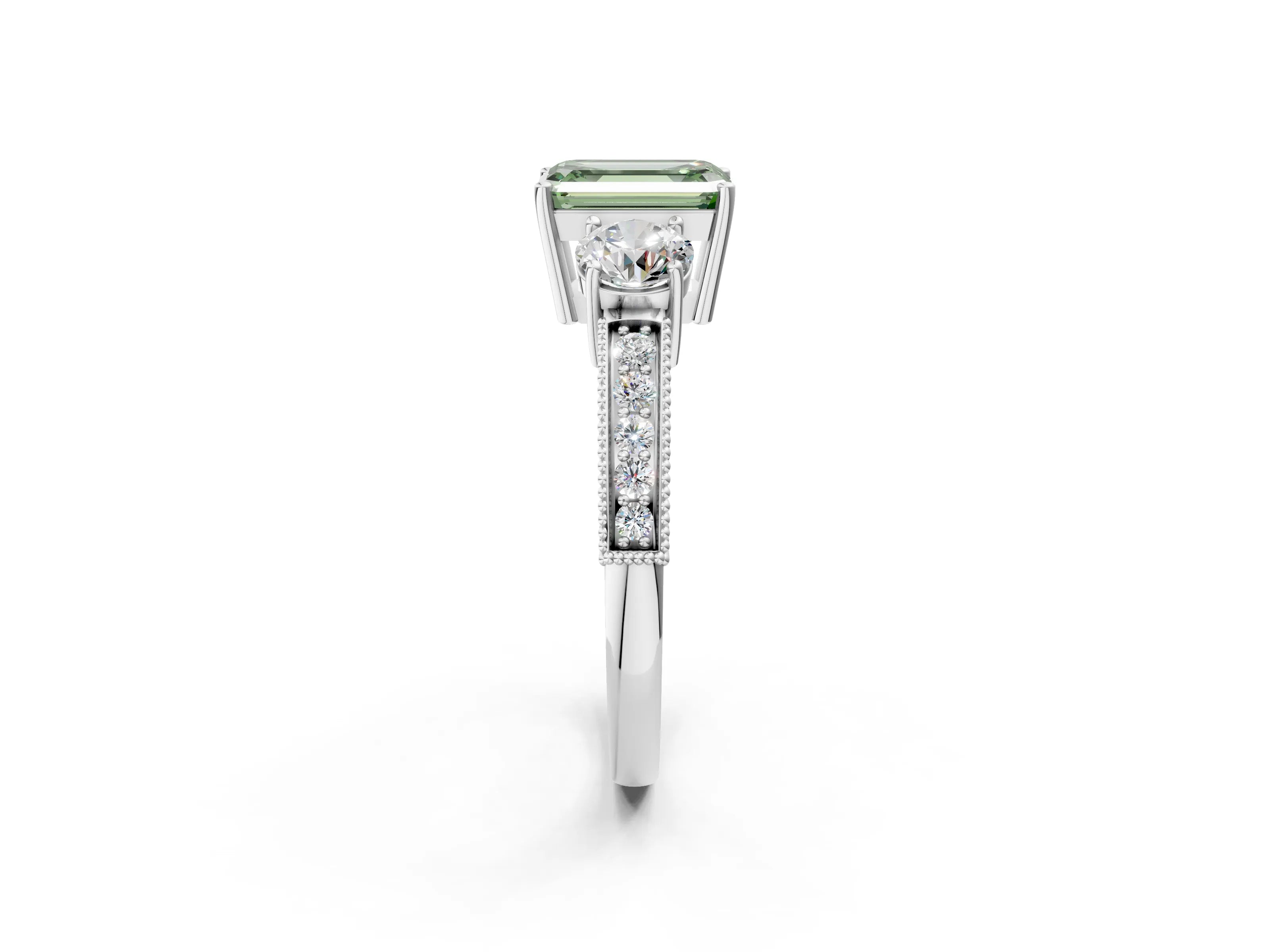White gold Fancy Green Emerald Cut Three-Stone Diamond Ring with Pavé Band and Four-Prong Setting_2