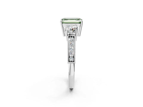 White gold Fancy Green Emerald Cut Three-Stone Diamond Ring with Pavé Band and Four-Prong Setting_2