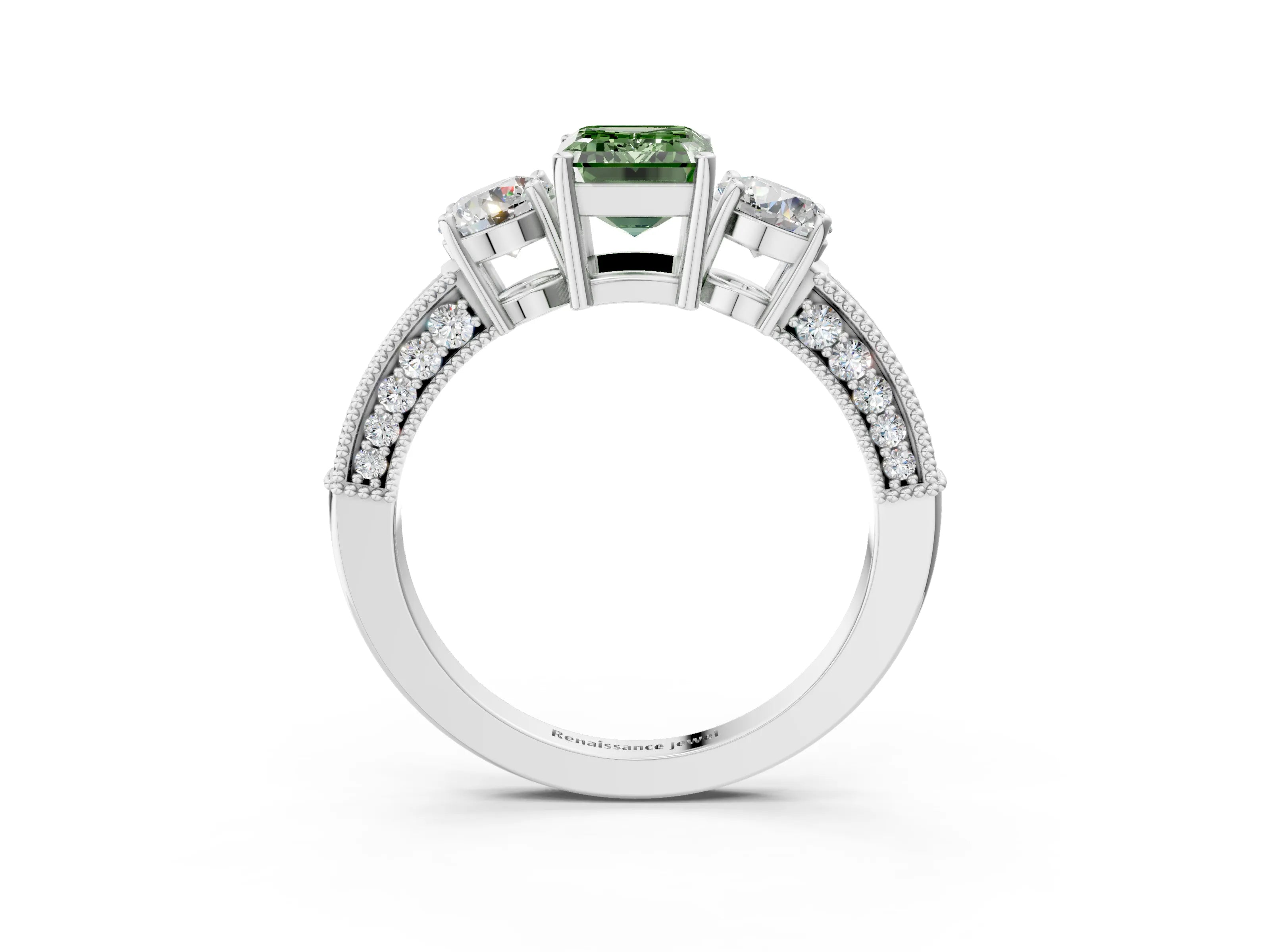 White gold Fancy Green Emerald Cut Three-Stone Diamond Ring with Pavé Band and Four-Prong Setting_3
