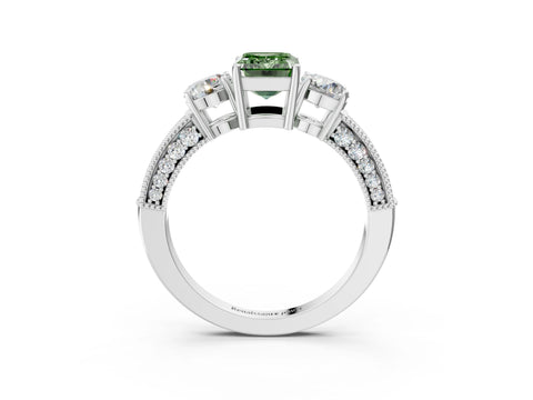White gold Fancy Green Emerald Cut Three-Stone Diamond Ring with Pavé Band and Four-Prong Setting_3
