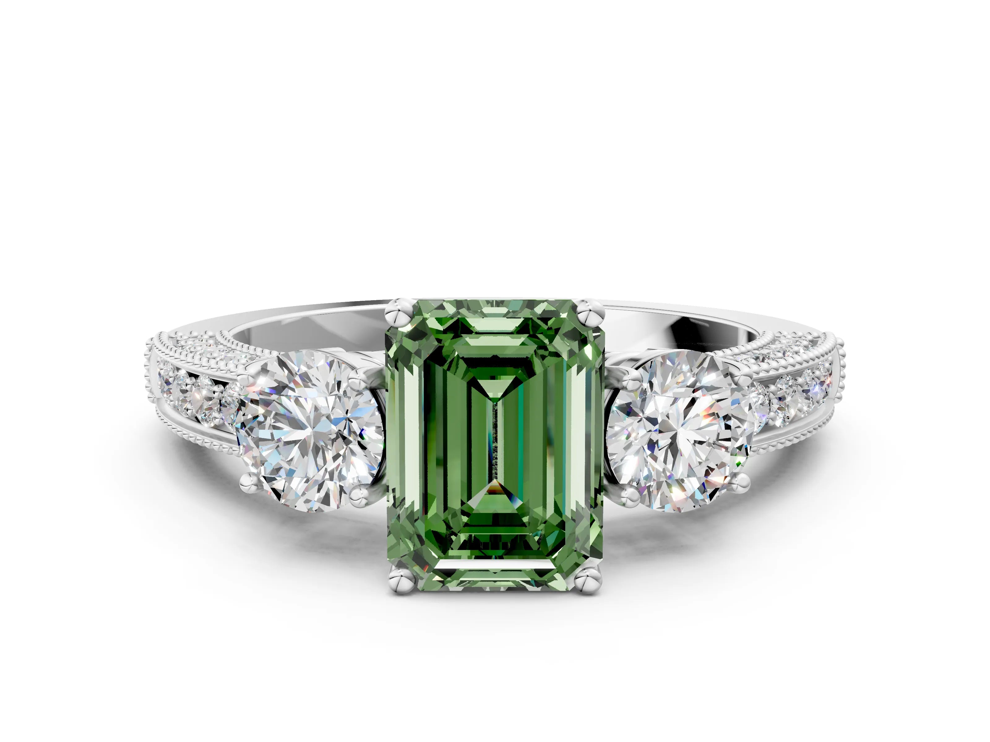 White gold Fancy Green Emerald Cut Three-Stone Diamond Ring with Pavé Band and Four-Prong Setting