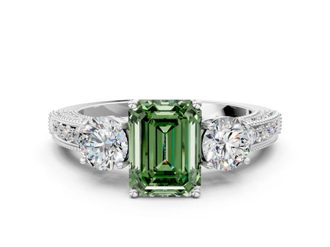 White gold Fancy Green Emerald Cut Three-Stone Diamond Ring with Pavé Band and Four-Prong Setting