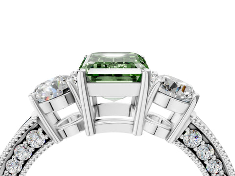 White gold Fancy Green Emerald Cut Three-Stone Diamond Ring with Pavé Band and Four-Prong Setting_4