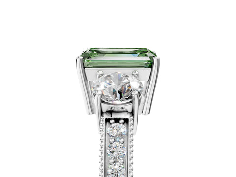 White gold Fancy Green Emerald Cut Three-Stone Diamond Ring with Pavé Band and Four-Prong Setting_5
